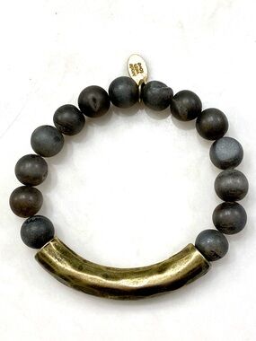 Vintage Matte Gray Bead Bracelet with Antique Gold Curved Bar